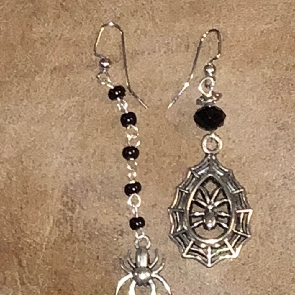 Spider & Web Earrings Silver-Tone Metal & Black Beads